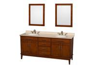 Wyndham Collection Hatton 72 inch Double Bathroom Vanity in Light Chestnut Ivory Marble Countertop Undermount Oval Sinks and 24 inch Mirrors