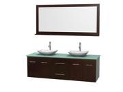 Wyndham Collection Centra 72 inch Double Bathroom Vanity in Espresso Green Glass Countertop Arista White Carrera Marble Sinks and 70 inch Mirror