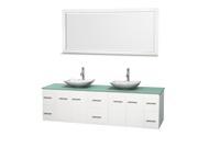 Wyndham Collection Centra 80 inch Double Bathroom Vanity in Matte White Green Glass Countertop Arista White Carrera Marble Sinks and 70 inch Mirror