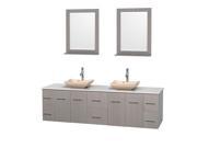 Wyndham Collection Centra 80 inch Double Bathroom Vanity in Gray Oak White Man Made Stone Countertop Avalon Ivory Marble Sinks and 24 inch Mirrors