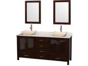 Wyndham Collection Lucy 72 inch Double Bathroom Vanity in Espresso White Carrera Marble Countertop Avalon Ivory Marble Sinks and 24 inch Mirrors