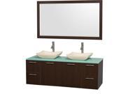 Wyndham Collection Amare 60 inch Double Bathroom Vanity in Espresso with Green Glass Top with Ivory Marble Sinks and 58 inch Mirror