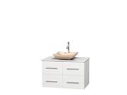 Wyndham Collection Centra 36 inch Single Bathroom Vanity in Matte White White Man Made Stone Countertop Avalon Ivory Marble Sink and No Mirror