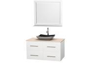 Wyndham Collection Centra 42 inch Single Bathroom Vanity in Matte White Ivory Marble Countertop Altair Black Granite Sink and 36 inch Mirror