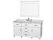 Wyndham Collection Berkeley 60 inch Single Bathroom Vanity in White with White Carrera Marble Top with White Undermount Oval Sink and 44 inch Mirror