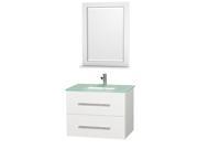 Wyndham Collection Centra 30 inch Single Bathroom Vanity in Matte White Green Glass Countertop Square Porcelain Undermount Sink and 24 inch Mirror