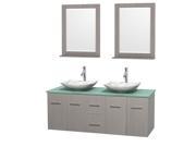 Wyndham Collection Centra 60 inch Double Bathroom Vanity in Gray Oak Green Glass Countertop Arista White Carrera Marble Sinks and 24 inch Mirrors