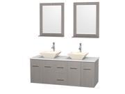 Wyndham Collection Centra 60 inch Double Bathroom Vanity in Gray Oak White Man Made Stone Countertop Pyra Bone Porcelain Sinks and 24 inch Mirrors
