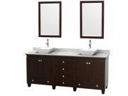 Wyndham Collection Acclaim 80 inch Double Bathroom Vanity in Espresso White Carrera Marble Countertop Pyra White Porcelain Sinks and 24 inch Mirrors