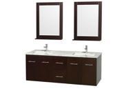Wyndham Collection Centra 60 inch Double Bathroom Vanity in Espresso White Carrera Marble Countertop Undermount Square Sink and 24 inch Mirrors