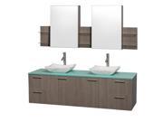 Wyndham Collection Amare 72 inch Double Bathroom Vanity in Gray Oak with Green Glass Top with Carrera Marble Sinks and Medicine Cabinets