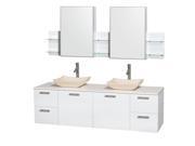 Wyndham Collection Amare 72 inch Double Bathroom Vanity in Glossy White White Man Made Stone Countertop Avalon Ivory Marble Sinks and Medicine Cabinets