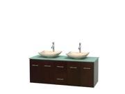 Wyndham Collection Centra 60 inch Double Bathroom Vanity in Espresso Green Glass Countertop Arista Ivory Marble Sinks and No Mirror