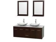 Wyndham Collection Centra 60 inch Double Bathroom Vanity in Espresso White Man Made Stone Countertop Arista White Carrera Marble Sinks and 24 inch Mirrors