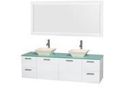 Wyndham Collection Amare 72 inch Double Bathroom Vanity in Glossy White Green Glass Countertop Pyra Bone Porcelain Sinks and 70 inch Mirror