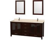 Wyndham Collection Lucy 72 inch Double Bathroom Vanity in Espresso Ivory Marble Countertop White Undermount Sinks and 24 inch Mirrors