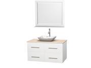Wyndham Collection Centra 42 inch Single Bathroom Vanity in Matte White Ivory Marble Countertop Avalon White Carrera Marble Sink and 36 inch Mirror