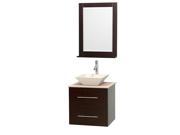 Wyndham Collection Centra 24 inch Single Bathroom Vanity in Espresso Ivory Marble Countertop Pyra Bone Porcelain Sink and 24 inch Mirror