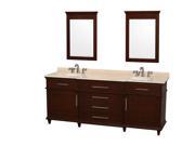 Wyndham Collection Berkeley 80 inch Double Bathroom Vanity in Dark Chestnut with Ivory Marble Top with White Undermount Oval Sinks and 24 inch Mirrors