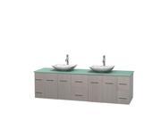 Wyndham Collection Centra 80 inch Double Bathroom Vanity in Gray Oak Green Glass Countertop Arista White Carrera Marble Sinks and No Mirror
