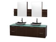 Wyndham Collection Amare 72 inch Double Bathroom Vanity in Espresso with Green Glass Top with Black Granite Sinks and Medicine Cabinets