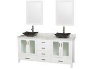 Wyndham Collection Lucy 72 inch Double Bathroom Vanity in White White Carrera Marble Countertop Arista Black Granite Sinks and 24 inch Mirrors