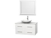 Wyndham Collection Centra 42 inch Single Bathroom Vanity in Matte White White Carrera Marble Countertop Arista White Carrera Marble Sink and 36 inch Mirro