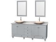 Wyndham Collection Acclaim 80 inch Double Bathroom Vanity in Oyster Gray White Carrera Marble Countertop Arista Ivory Marble Sinks and 24 inch Mirrors
