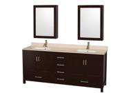 Wyndham Collection Sheffield 80 inch Double Bathroom Vanity in Espresso Ivory Marble Countertop Undermount Square Sinks and Medicine Cabinets