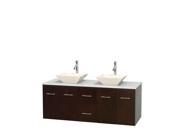 Wyndham Collection Centra 60 inch Double Bathroom Vanity in Espresso White Man Made Stone Countertop Pyra Bone Porcelain Sinks and No Mirror