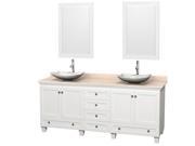 Wyndham Collection Acclaim 80 inch Double Bathroom Vanity in White Ivory Marble Countertop Arista White Carrera Marble Sinks and 24 inch Mirrors
