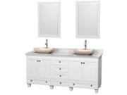 Wyndham Collection Acclaim 72 inch Double Bathroom Vanity in White White Carrera Marble Countertop Avalon Ivory Marble Sinks and 24 inch Mirrors