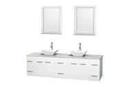 Wyndham Collection Centra 80 inch Double Bathroom Vanity in Matte White White Carrera Marble Countertop Pyra White Porcelain Sinks and 24 inch Mirrors