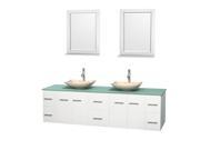 Wyndham Collection Centra 80 inch Double Bathroom Vanity in Matte White Green Glass Countertop Arista Ivory Marble Sinks and 24 inch Mirrors