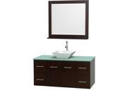 Wyndham Collection Centra 48 inch Single Bathroom Vanity in Espresso Green Glass Countertop Pyra White Porcelain Sink and 36 inch Mirror