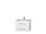 Wyndham Collection Centra 30 inch Single Bathroom Vanity in Matte White Green Glass Countertop Undermount Square Sink and No Mirror