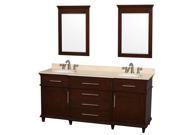 Wyndham Collection Berkeley 72 inch Double Bathroom Vanity in Dark Chestnut with Ivory Marble Top with White Undermount Oval Sinks and 24 inch Mirrors