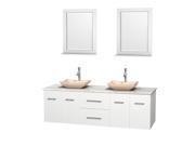 Wyndham Collection Centra 72 inch Double Bathroom Vanity in Matte White White Carrera Marble Countertop Avalon Ivory Marble Sinks and 24 inch Mirrors