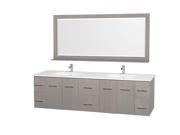 Wyndham Collection Centra 80 inch Double Bathroom Vanity in Gray Oak White Man Made Stone Countertop Square Porcelain Undermount Sinks and 70 inch Mirror