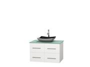 Wyndham Collection Centra 36 inch Single Bathroom Vanity in Matte White Green Glass Countertop Altair Black Granite Sink and No Mirror
