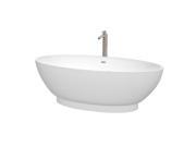 Wyndham Collection Helen 70 inch Freestanding Bathtub in White with Floor Mounted Faucet Drain and Overflow Trim in Brushed Nickel