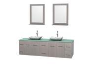 Wyndham Collection Centra 80 inch Double Bathroom Vanity in Gray Oak Green Glass Countertop Avalon White Carrera Marble Sinks and 24 inch Mirrors
