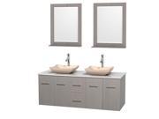 Wyndham Collection Centra 60 inch Double Bathroom Vanity in Gray Oak White Man Made Stone Countertop Avalon Ivory Marble Sinks and 24 inch Mirrors