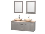 Wyndham Collection Centra 60 inch Double Bathroom Vanity in Gray Oak Ivory Marble Countertop Arista Ivory Marble Sinks and 24 inch Mirrors