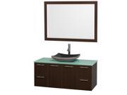 Wyndham Collection Amare 48 inch Single Bathroom Vanity in Espresso with Green Glass Top with Black Granite Sink and 46 inch Mirror