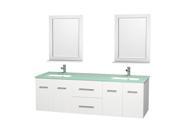 Wyndham Collection Centra 72 inch Double Bathroom Vanity in Matte White Green Glass Countertop Undermount Square Sink and 24 inch Mirrors