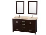 Wyndham Collection Sheffield 60 inch Double Bathroom Vanity in Espresso Ivory Marble Countertop Undermount Square Sinks and 24 inch Mirrors