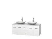Wyndham Collection Centra 60 inch Double Bathroom Vanity in Matte White White Man Made Stone Countertop Arista White Carrera Marble Sinks and No Mirror