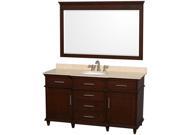 Wyndham Collection Berkeley 60 inch Single Bathroom Vanity in Dark Chestnut with Ivory Marble Top with White Undermount Oval Sink and 56 inch Mirror
