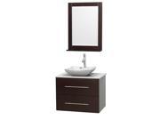 Wyndham Collection Centra 30 inch Single Bathroom Vanity in Espresso White Man Made Stone Countertop Avalon White Carrera Marble Sink and 24 inch Mirror